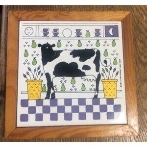Vintage Tile Trivet Holstein Cow Farmhouse Plaque Lillian Vernon Alan Wood 80s